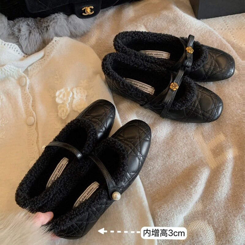 葡萄妈studiolee增高3cm~小香风珍珠山茶花加绒毛毛玛丽珍单鞋女图片