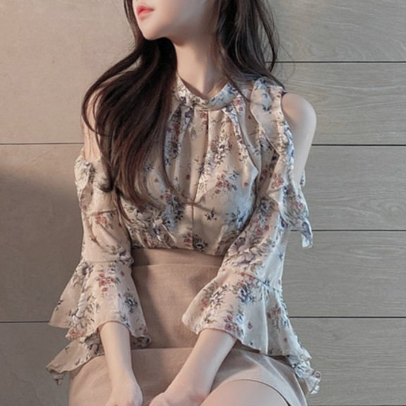 碎花雪纺衫法式夏季露肩一字肩上衣洋气甜美衬衫女设计感