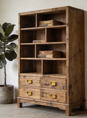 侘寂风实木博古架老榆木原生态展示柜民宿复古多宝阁茶杯置物架