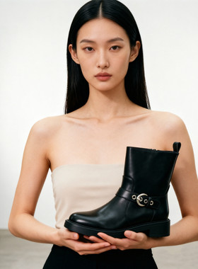 牛皮版~2026年新款韩版小众设计圆头皮带扣短靴女百搭粗跟马丁靴
