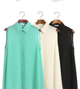 韩版 雪纺衫 打底衫 上衣女性衬衫 胖mm 2020春夏新款 大码 宽松翻领无袖