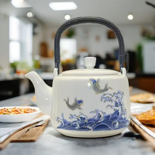 手绘鱼戏莲蓬陶瓷茶壶家用大容量煮茶壶功夫茶具