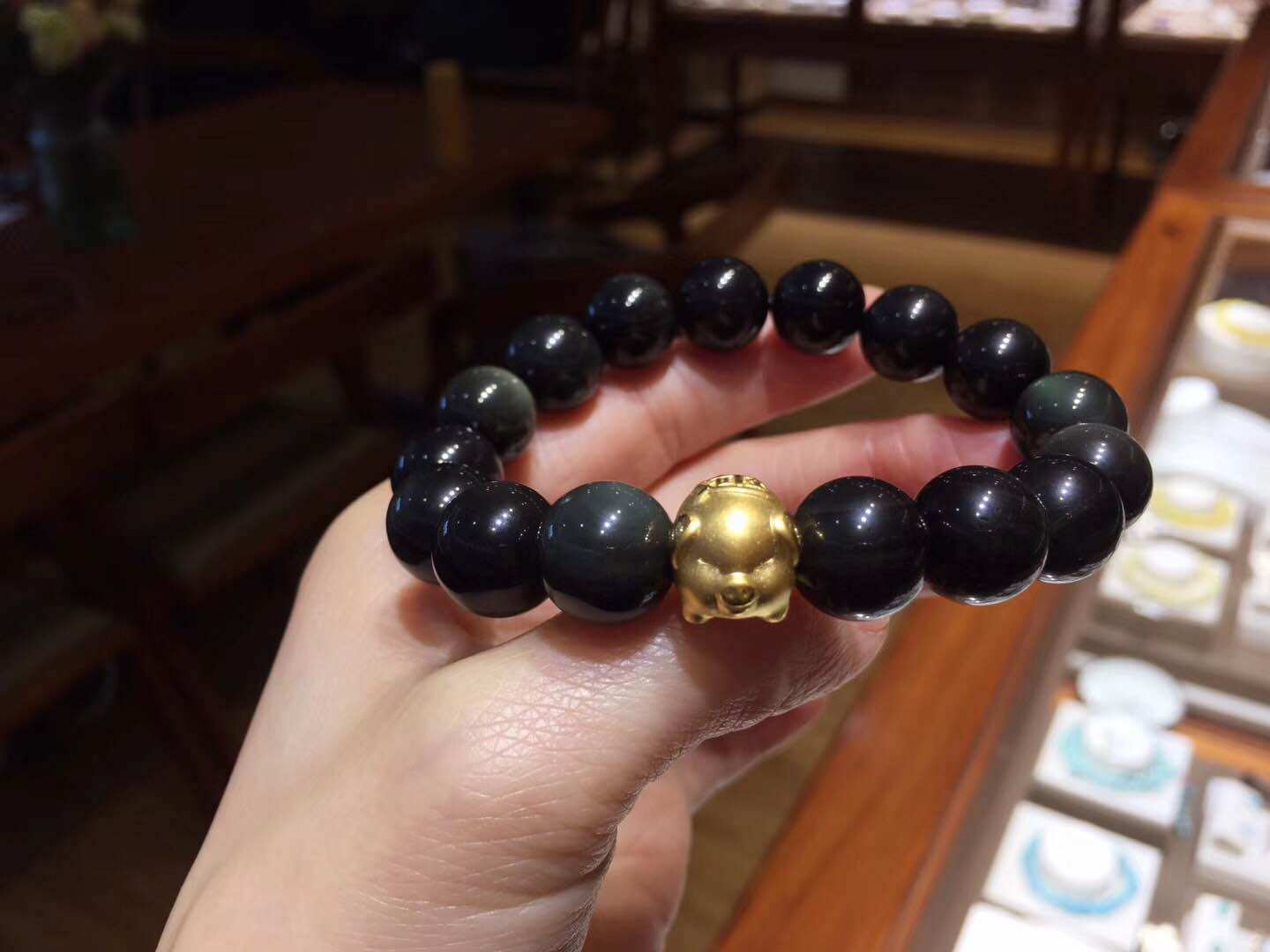 黑曜石999黄金金猪手链男女款手串x