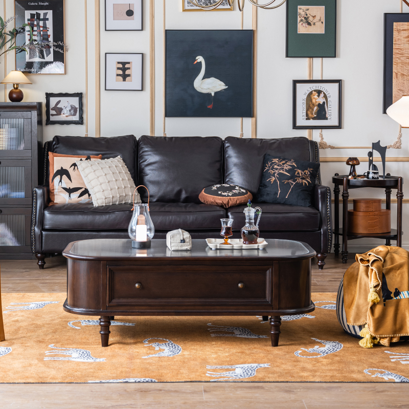 美式复古茶几组合法式实木茶桌轻奢小茶台高级感玻璃面客厅咖啡桌