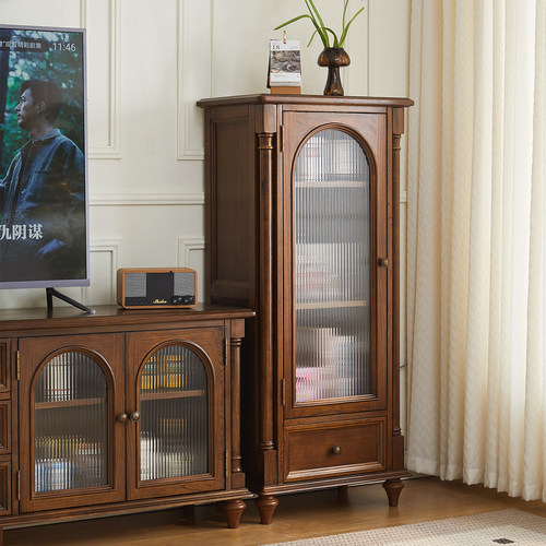 美式全实木酒柜中古风复古玻璃柜单门展示柜客厅电视柜组合高矮柜