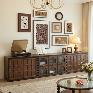 宜宝易森法式复古电视柜中古实木组合模块柜2025新款骨骼线收纳柜