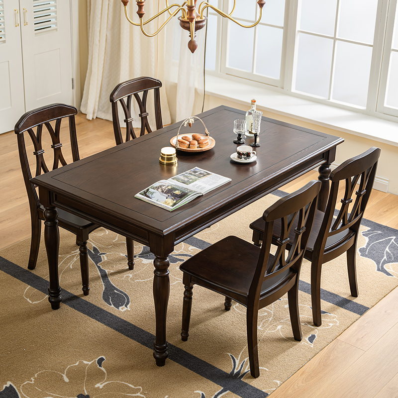 宜宝易森美式全实木餐桌椅组合法式复古长方形餐桌餐厅靠墙放饭桌