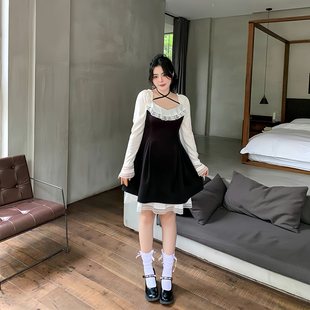 希同儿大码女装胖mm设计感甜美显瘦减龄黑白蕾丝轻lolita连衣裙春