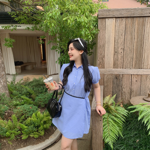 希同儿大码女装胖mm设计感天丝棉蓝色条纹衬衫裙收腰显瘦连衣裙夏