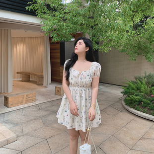 希同儿大码女装胖mm纯欲设计感全棉印花连衣裙抽褶收腰显瘦裙子夏