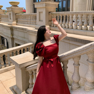 希同儿大码女装胖mm法式气质显瘦蝴蝶结酒红色连衣裙订婚敬酒礼服