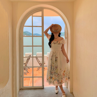 希同儿大码女装胖mm法式复古显瘦定位印花荷叶边连衣裙度假长裙子