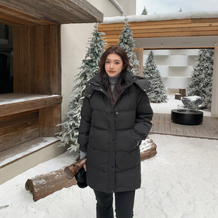 希同儿微胖90白鸭绒连帽中长款羽绒服女冬季收腰显瘦轻薄保暖外套