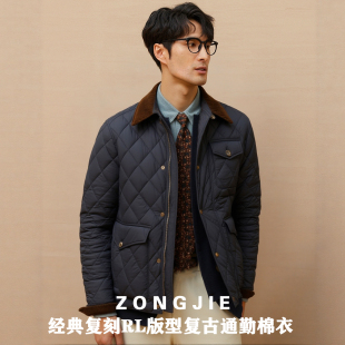 夹克男棉衣外套刺绣章巴恩风 复古菱形格保暖猎装 RL秋冬季 老钱美式