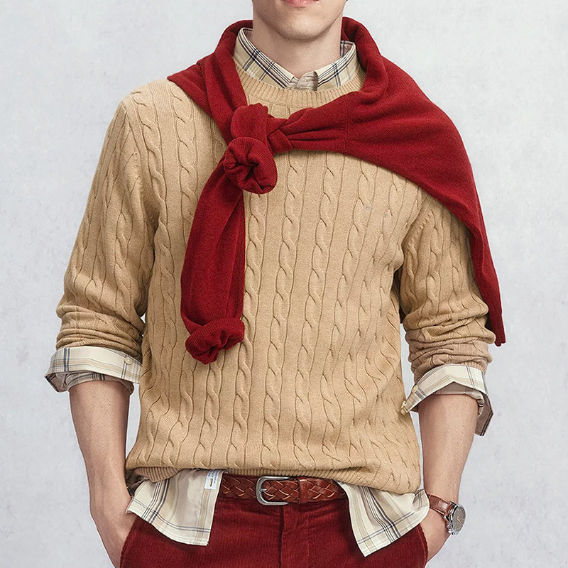 RL美式复古刺绣绞花纯棉老钱风男女同款针织衫套头圆领麻花毛衣