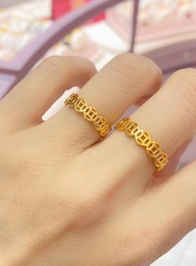 钛钢铜钱戒指女招财镂空