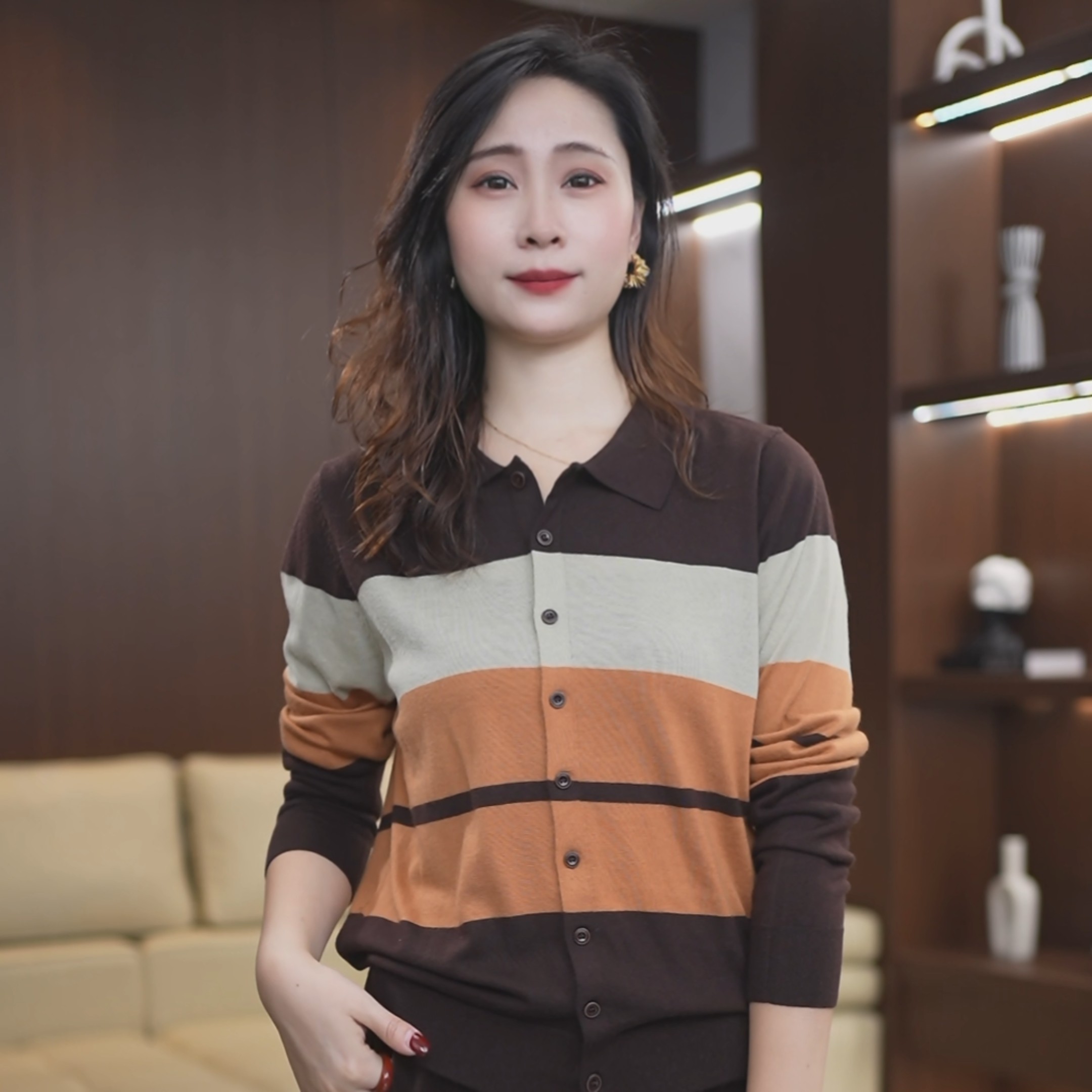 秋季女士新款撞色条纹宽松显瘦翻领咖色长袖百搭针织开衫外套4594