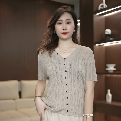麻花纹镂空短袖针织衫女夏季2026V领纽扣设计感开衫薄款上衣4243