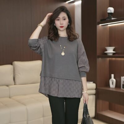 2026春季设计感假两件上衣女宽松减龄格纹衬衣拼接圆领针织衫3939