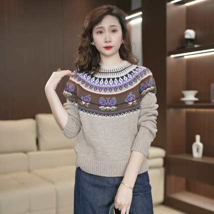 驼色通勤风圆领费尔岛针织衫女2025秋冬新款百搭保暖大码毛衣3845