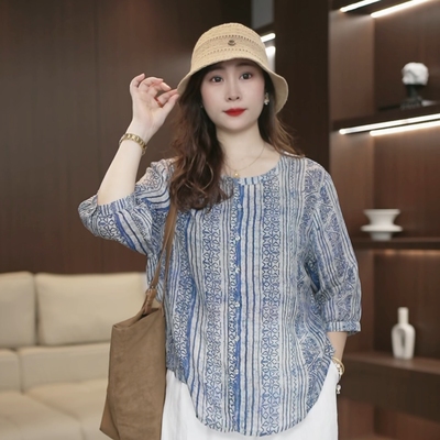 青花瓷复古印花七分袖苎麻衬衫女薄款凉快宽松显瘦气质上衣4375