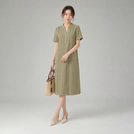 时尚洋气高端条纹连衣裙女夏季宽松遮肚直筒休闲薄款衬衫裙子1428