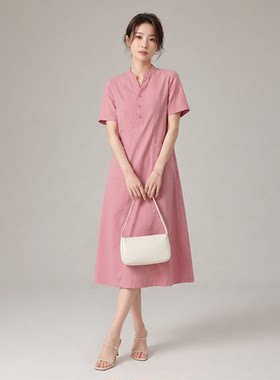 【懒女人】夏季短袖宽松文艺复古大码胖MM亚麻连衣裙过膝3071