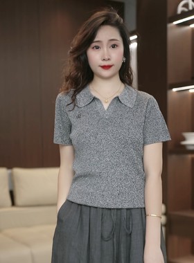 欧货亮闪闪亮片天丝polo领针织短袖t恤女夏薄款显瘦灰色上衣4169