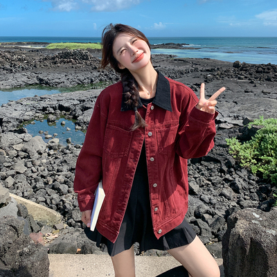红色牛仔棒球服短外套女春新款美式小个子时尚减龄百搭设计感夹克