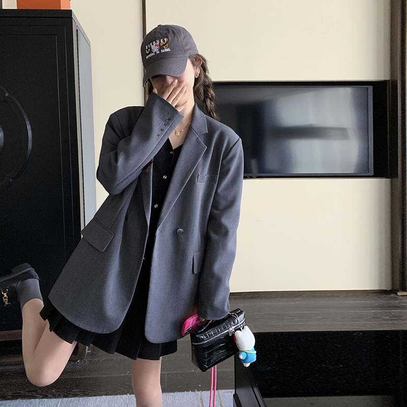 灰色休闲西装女春秋2025新款高级感韩版西服小个子学院风宽松外套