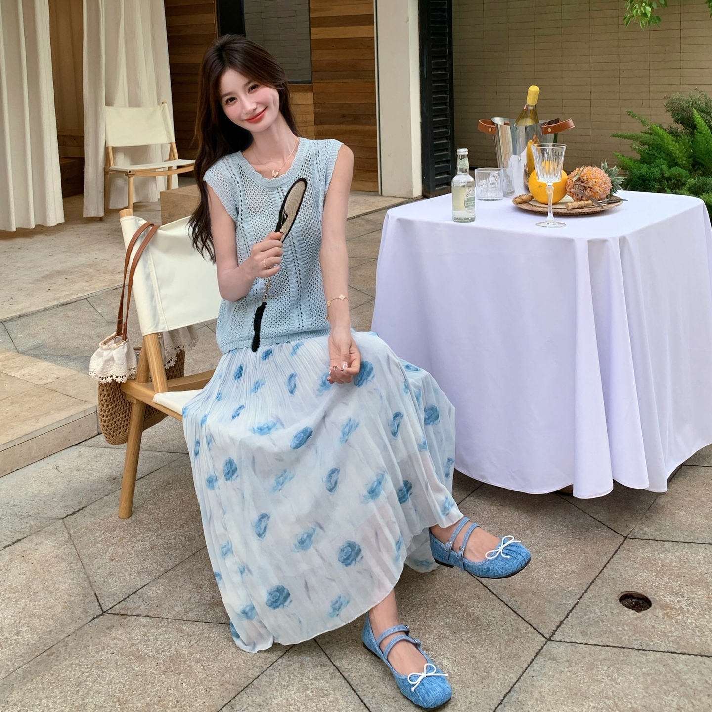 镂空无袖针织衫百褶碎花半身裙两件套女2025夏季优雅气质裙子套装