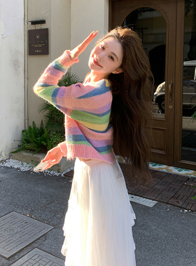 独家首发慵懒风彩条毛衫+白色仙女裙套装2C057-8130-P145-K208