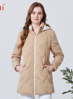 Gitti/吉蒂秋冬时尚素雅保暖防风中长款连帽鸭绒羽绒服女G235114