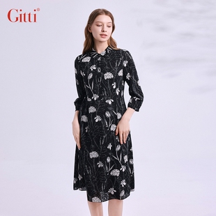Gitti/吉蒂秋款衬衣领印花蕾丝连衣裙女优雅七分袖裙子G245040