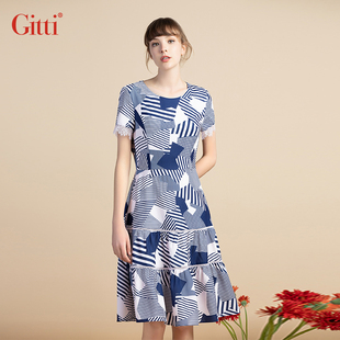 Gitti/吉蒂时尚新品蕾丝花边印花收腰连衣裙圆领显瘦女装G231146
