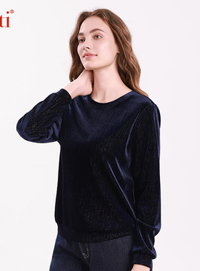 Gitti/吉蒂金丝绒圆领长袖上衣女宽松大码针织T恤G255214