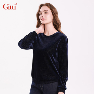 针织T恤G255214 上衣女宽松大码 Gitti 吉蒂金丝绒圆领长袖