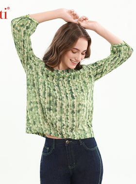 Gitti/吉蒂褶裥条纹印花七分袖T恤女宽松大码慵懒中袖上衣G255011