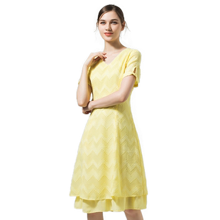 Gitti/吉蒂女装修身显瘦花边拼接连衣裙多层雪纺V领短袖裙G202017