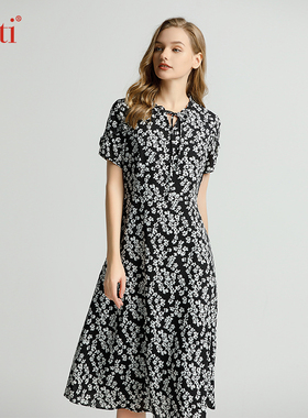 Gitti/吉蒂时尚夏款碎花花边系带裙子女收腰显瘦连衣裙G231232