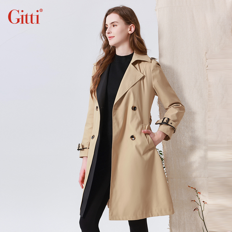 Gitti/吉蒂秋款修身束腰中长款风衣女时尚大码西装领外套G235569