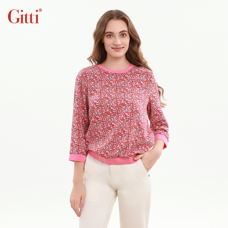 印花罗纹拼接七分袖T恤宽松大码