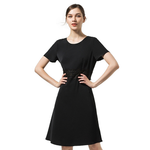 Gitti/吉蒂夏季女装修身收腰蕾丝花边拼贴圆领A字连衣裙G202093