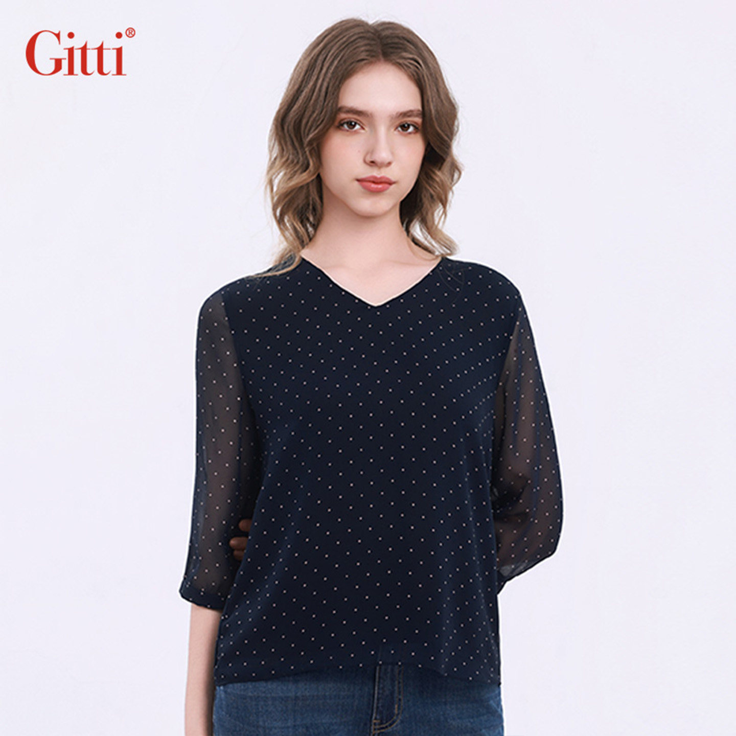 Gitti/吉蒂波点印花拼接V领雪纺衫女宽松大码七分袖上衣G261203