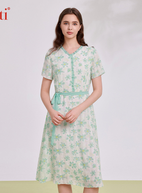 Gitti/吉蒂印花V领荷叶边收腰显瘦连衣裙女系带裙子G251291