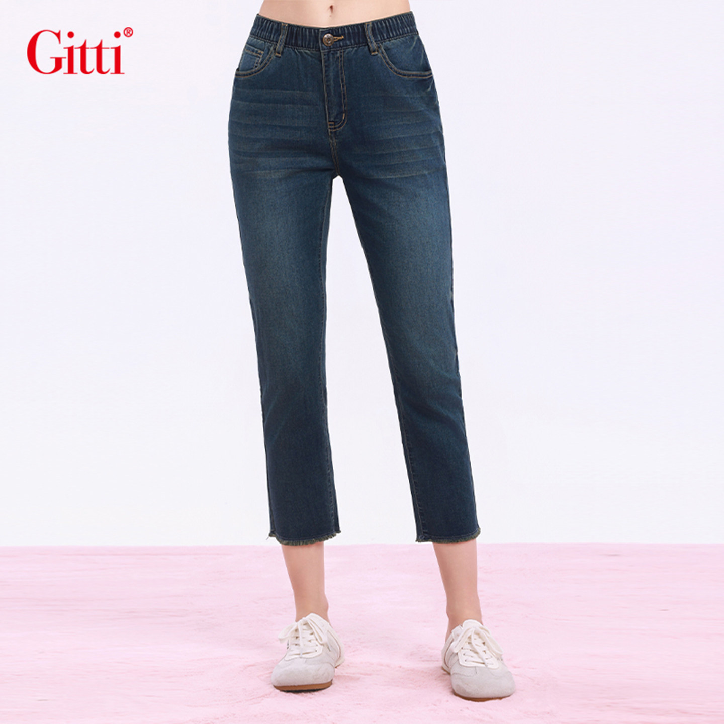 Gitti/吉蒂修身显瘦百搭牛仔裤女棉抓纹弹力八分裤G261526