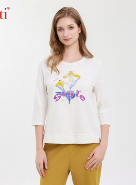 Gitti/吉蒂春夏新品印花七分袖T恤女宽松大码圆领棉短袖G251003