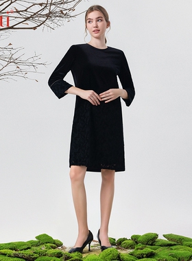 Gitti/吉蒂秋丝绒喇叭袖H版型显瘦圆领中袖花边拼接连衣裙G235235