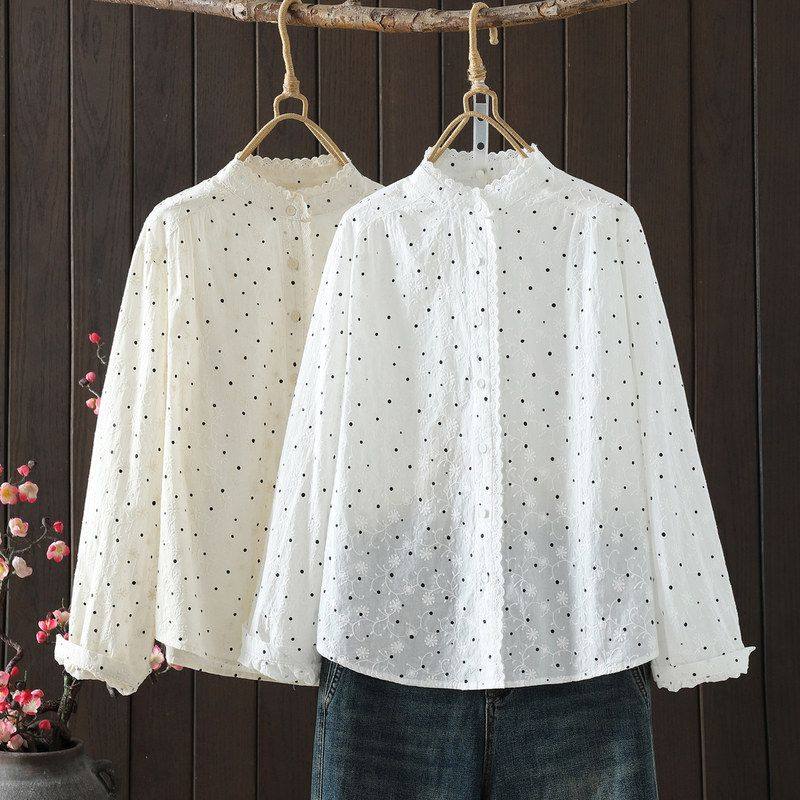 气质花边波点提花立领长袖衬衫女2026春季新款宽松休闲衬衣上衣,女装/女士精品,衬衫,淘宝优惠券,粉丝福利购,淘宝优惠卷