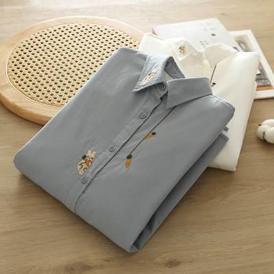 秋冬纯棉加绒兔子刺绣长袖衬衫